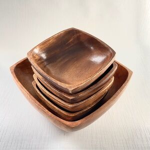 Vtg GIFTCRAFT Teak 5-Piece Square Serving Salad Bowl Set Retro Kitchen MCM